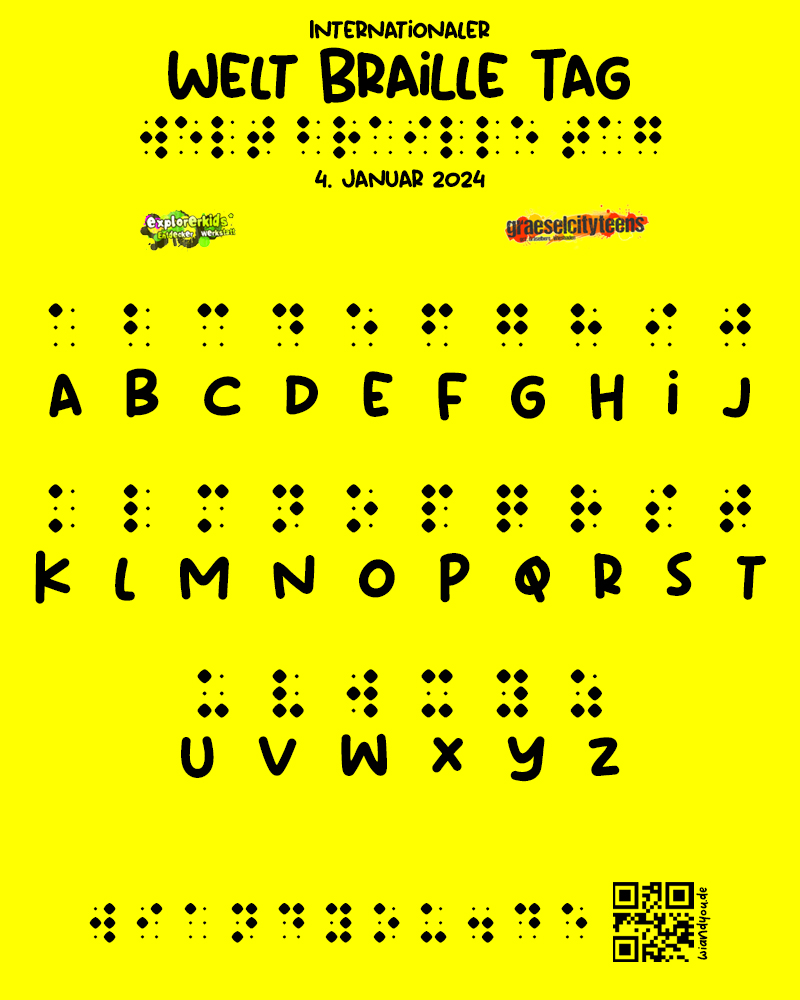 Welt Braille Tag 2024 . Internationaler Tag der Blindenschrift . 4. Januar 2024. explorerkids* . Entdecker Werkstatt im kujakk . kujakk . Kinder- und Jugendzentrum in der Reduit . Mainz-Kastel . & . gct . graeselcityteens ...auf dem GrÃ¤selberg . Stadtteilzentrum GrÃ¤selberg . Wiesbaden