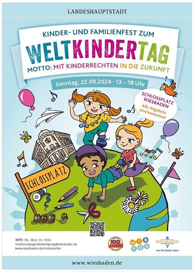 Weltkindertagsfest 2024 . Mit Kinderrechten in die Zukunft! . 22. September 2024 . Wiesbaden